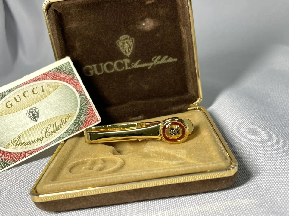 Auth [beautiful] Gucci Tie Clip Interlocking GG Logo Pin Bar Gold & Red - Image 3 of 4