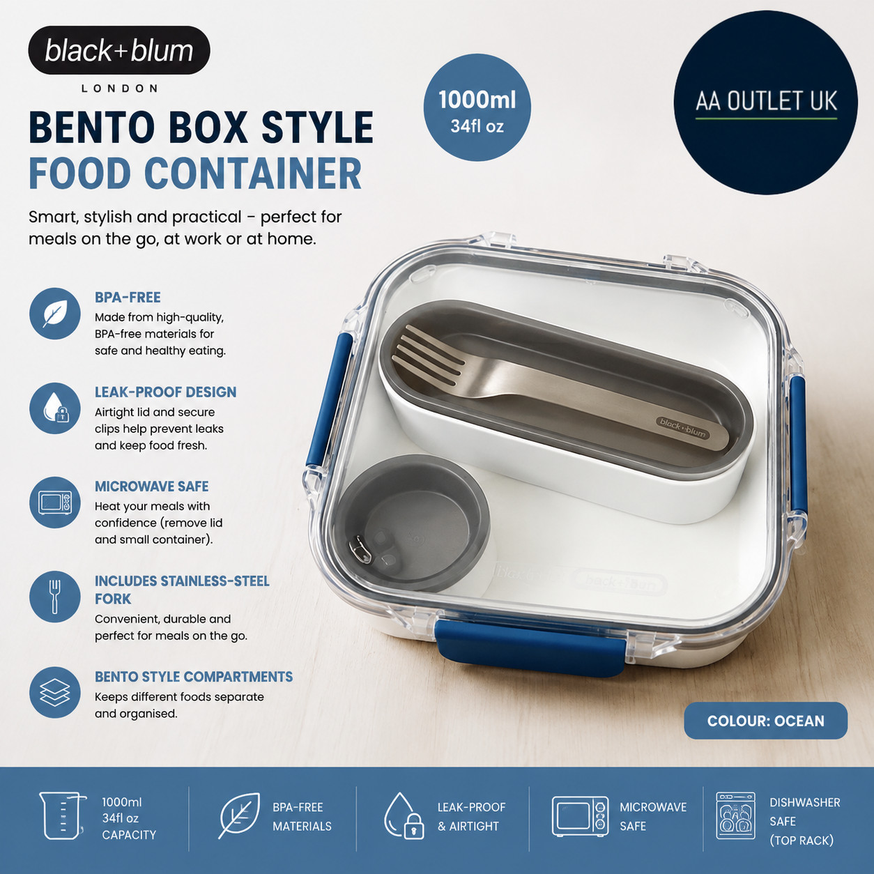 Black+Blum Bpa Free Leak Proof Microwave Safe Bento Box Style Compartment
