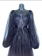 New size S Women's Long Sleeve Tulle Prom Dresses Long Ball Gown A-Line Black