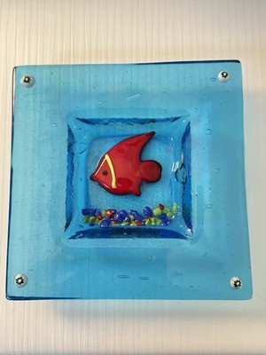 Fused Colorful Art Glass Dish Plate Millefiori Fish Abstract 4-3/4  Trinket