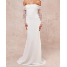 Lulus L Bridal Beautifully Beloved White Mesh Off-the-Shoulder Gown Maxi Dress