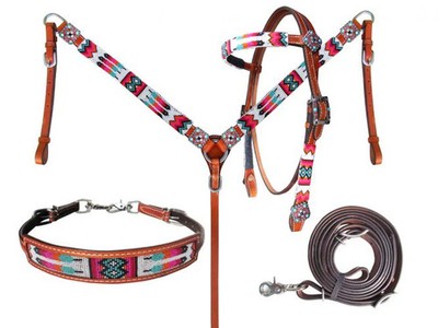 Showman  Beaded Tribal Headstall, Breast Collar, Wither Strap, and Reins Set