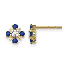 14k Yellow Gold .01Ct Round Lab Created Sapphire  Diamond Flower Stud Earrings