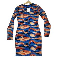 Forever 21 Women's Orange Sunset Abstract Print Midi Dress Long Sleeve New