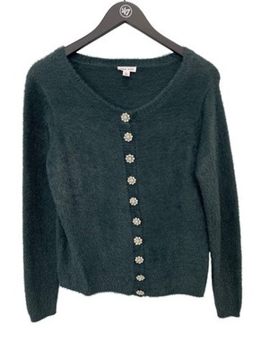 Tribal Jeans Cardigan Small Fuzzy Knit Rhinestone Buttons Alpine Green Comfy NEW