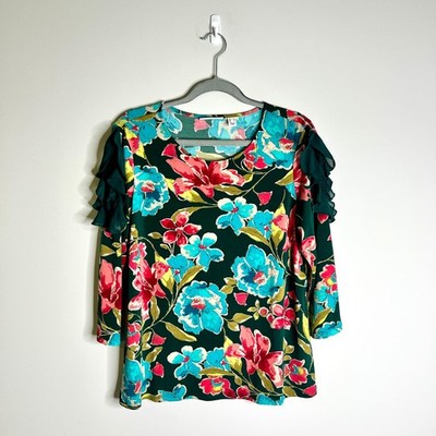 Susan Graver Forest Green Ruffle Sleeve Floral Liquid Knit Preppy Career Top M