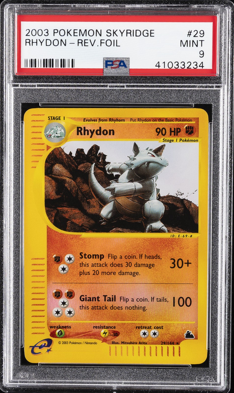 2003 POKEMON SKYRIDGE #29 RHYDON-REVERSE FOIL PSA 9