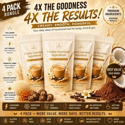 4-PACK Superfood Creamer Mushroom & Probiotics Vanilla Collagen Focus/energy/gut