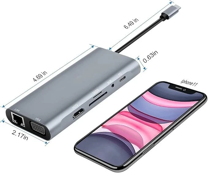 11 in 1 USB-C Hub Adapter HDMI VGA Ethernet SD PD Audio for Laptop MacBook - Image 2 of 4