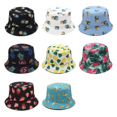 Unisex Two Sides Reversible Bucket Hat Boho Pineapple Watermelon Fruit Beach Cap