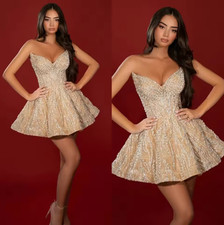 Elegant Pearls Evening Dresses Strapless Sequins Prom Gowns Crystal Sleeveless