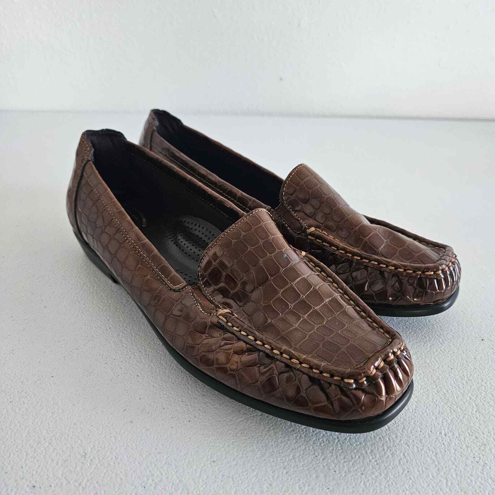 SAS Loafers Womens 9.5 Brown Leather Croc Print Moc Toe Comfort Casual Slip On-image