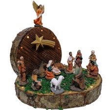 Grotta su tronco con pastori luci e natività completa di natale sacra famiglia p