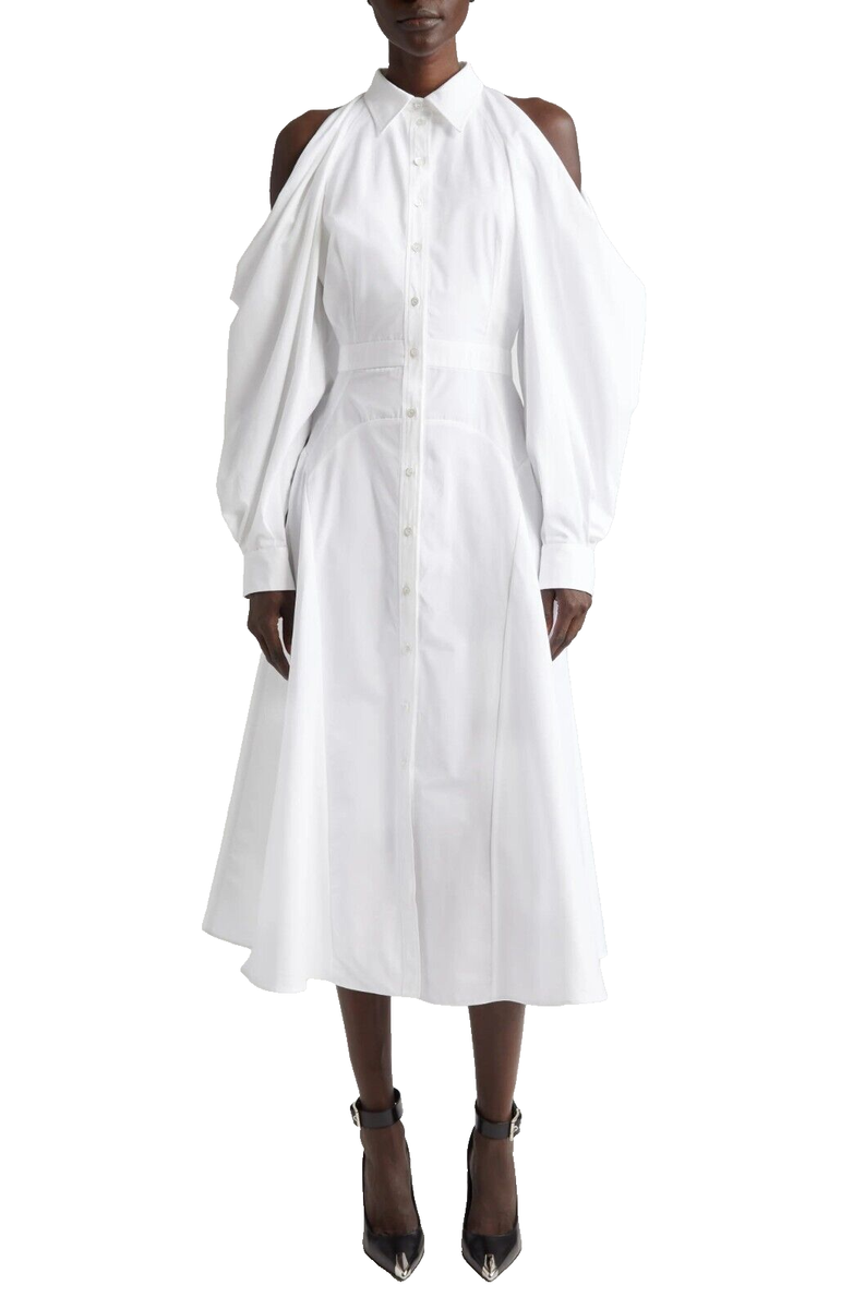 $2300 Alexander McQueen Cold Shoulder Cotton Midi Shirt Dress