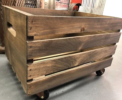 Dark Walnut Color Wooden Crate on Wheels