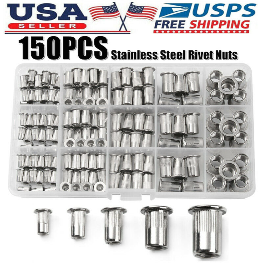 150Pcs Rivet Nuts Stainless Steel Threaded Insert Nut Nutsert Rivnuts Flat Head