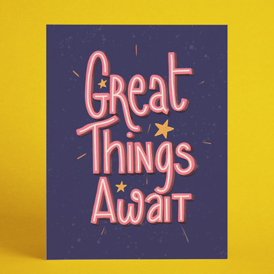 Great things await! - announcement card hand-lettering