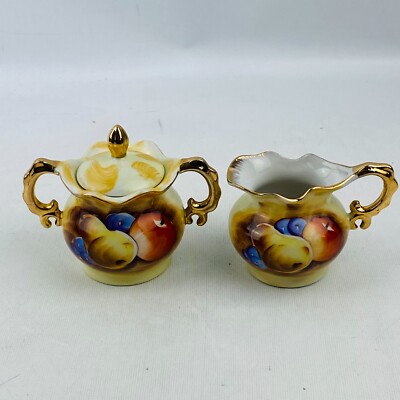 Vtg Enesco Fruit Pattern Sugar Creamer Gold Trim Hand Painted E2355 Pear Apple