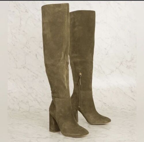 Free People Suede over the Knee Olive Green Chunky Heel Boots Size 7.5