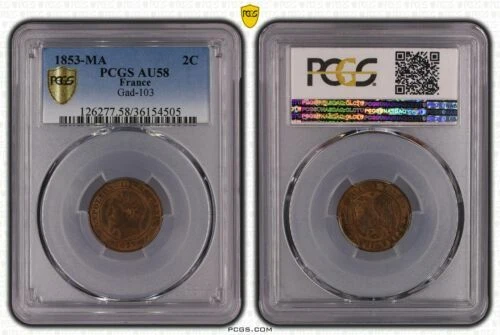 Pièces de monnaie françaises de 2 centimes en bronze sur Napoléon III
