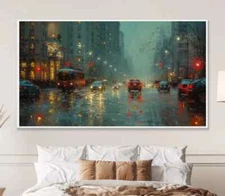 Rainy Street Oil, Evening Cityscape, Wall Art Canvas Print, Home & Office Décor