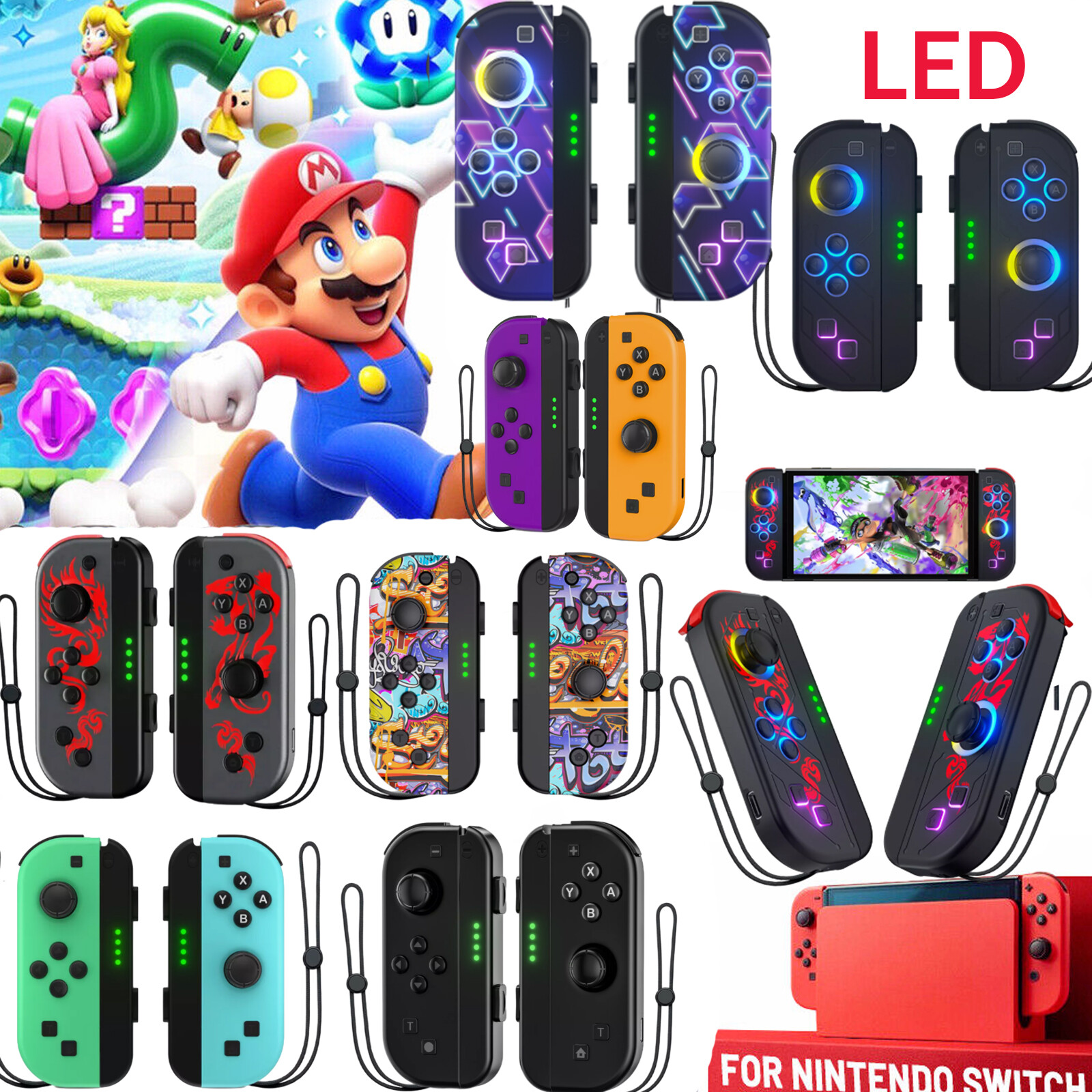 For Nintendo Switch Joy Con (L/R) Bluetooth Wireless Controller RGB Color 1-Pair