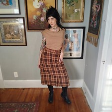 60s Handmade Vintage Plaid Tartan Midi Pencil Skirt Medium Wool Blend Tan Brown