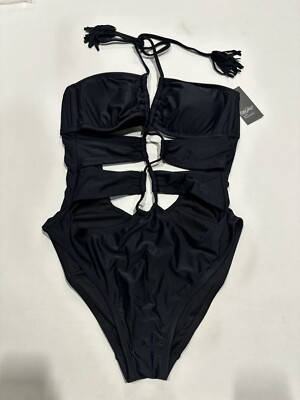 Women's Cut Out Halter One Piece Swimsuit Black Large NEW