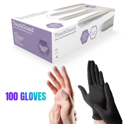 Latexfreie, puderfreie schwarze Einweghandschuhe SYNMAX, transparentes Vinyl - 100er verpackt