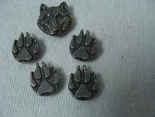 Vtg Button Covers Wolf Head Paw Prints 5 Silvertone Southwest Scouting Acces