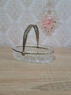 Vintage decorative crystal basket with twisted wire handle, candy dish, glass