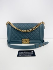 Chanel Medium Boy Flap Teal Blue Caviar Leather Antiqued Gold HW Bag Auth