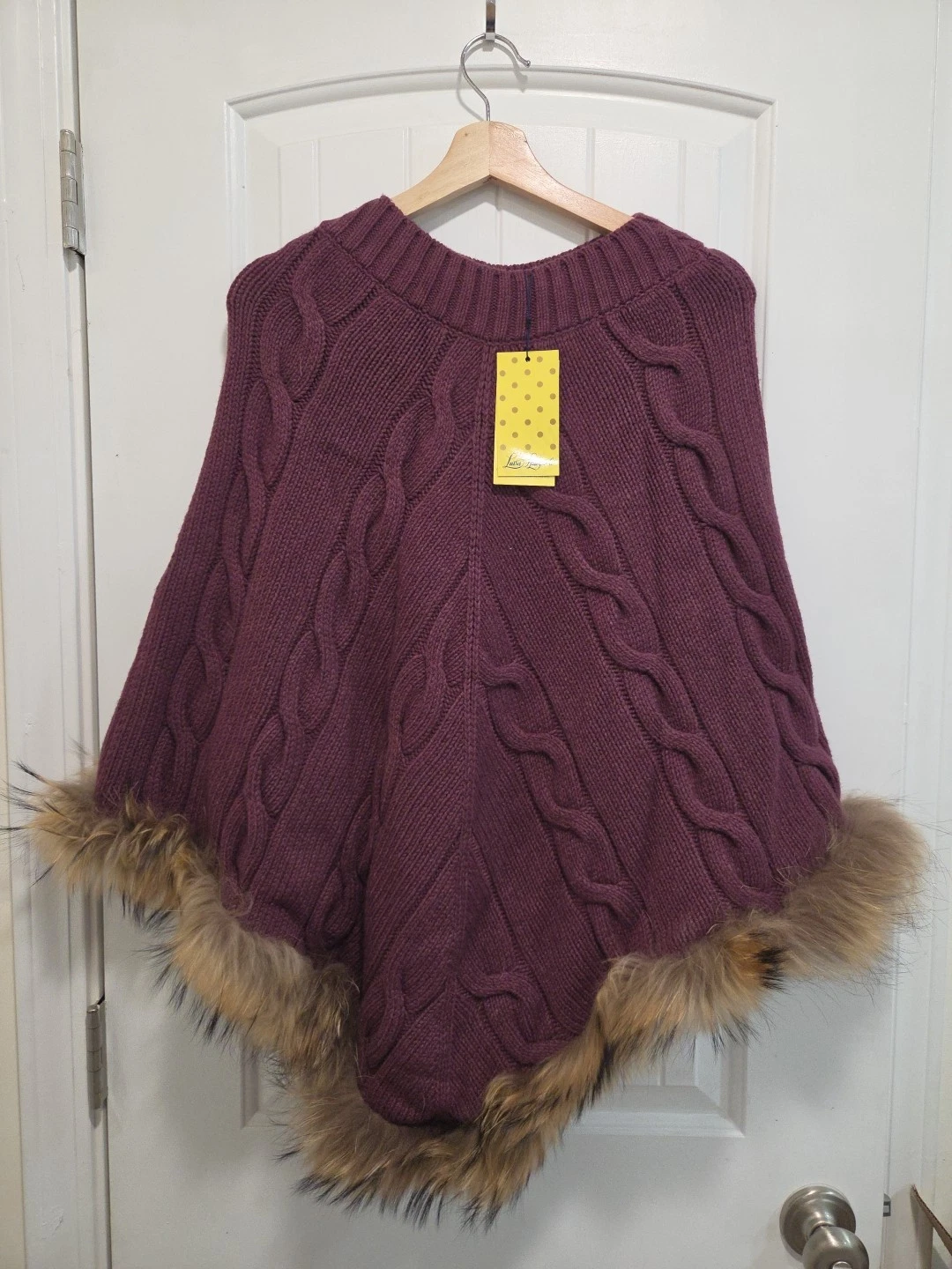 Luisa Spagnoli Wine Purple One Size Real Fur Poncho Sweater NWT