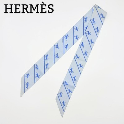 HERMES Les Allures Horse Gait Twilly Schal hellblau kobaltblau Seide 5x86cm