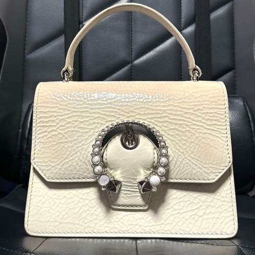 JIMMY CHOO Madeline Pearl Patent Leather Handbag Off White Silver Authentic Used
