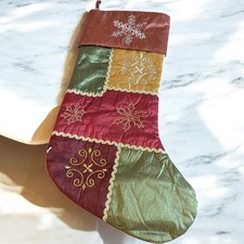VTG Rust Maroon Green Christmas Stocking Snowflake 17  Satin Feel - Read-