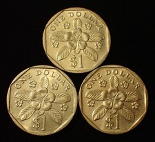 Singapore One Dollar 1990, 1995, 1997 Lot of 3 Coins WCA 348