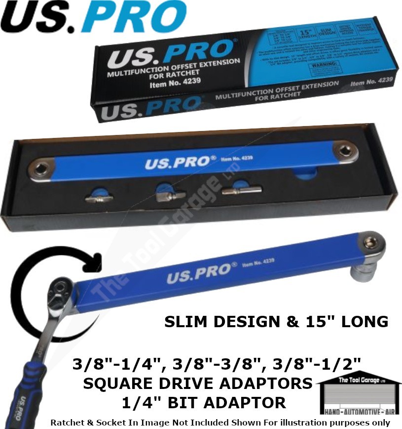 US PRO MultiFunction Offset Ratchet Extension With 1/4"" 3/8"" 1/2"" Drive Adaptors