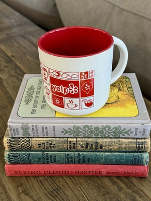 #ad YELP Coffee Mug Art Deco Print White Mug With Red Print Logo Coffee Cup $13.99