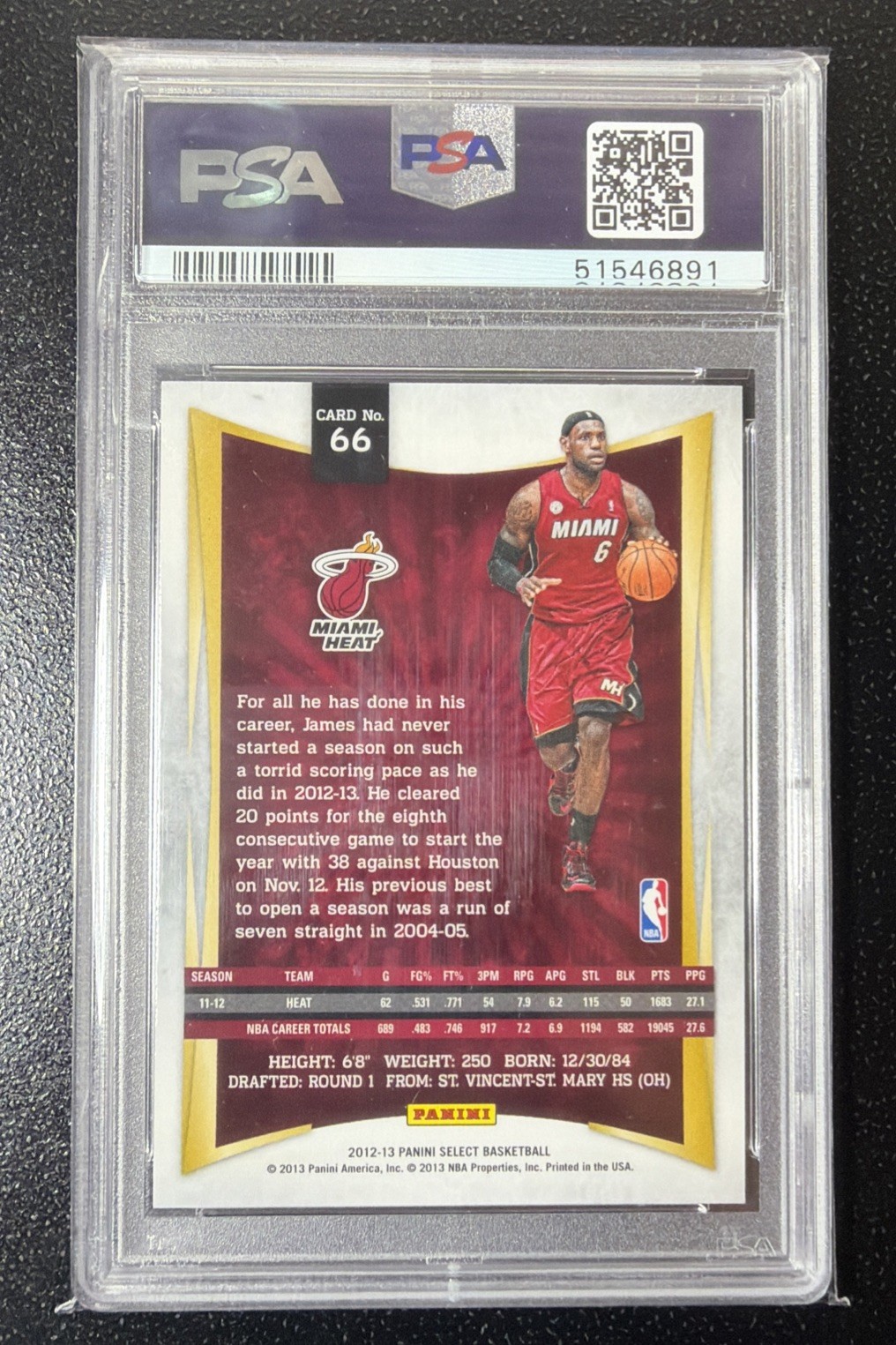 2012-13 Panini Select LeBron James #66 1st Year Select SP PSA 9 MINT Miami Heat view 2
