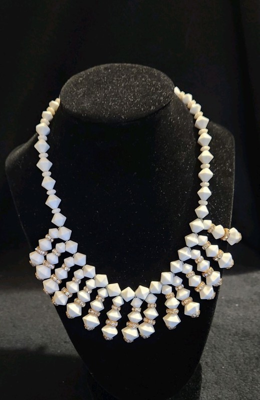 Vintage Bib-Style White Glass or Acrylic Beads Gold-Toned Rhinestone Accents