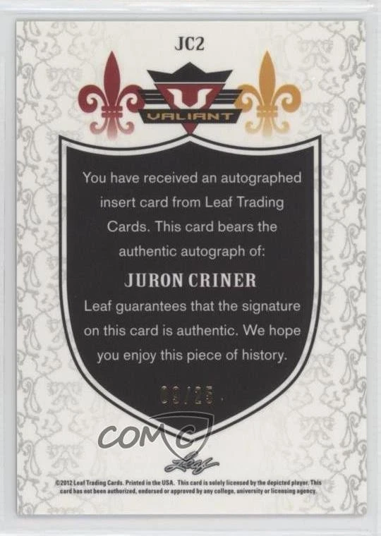 2012 Leaf Valiant Purple /25 Juron Criner #JC2 Rookie Auto RC - Image 2 of 2