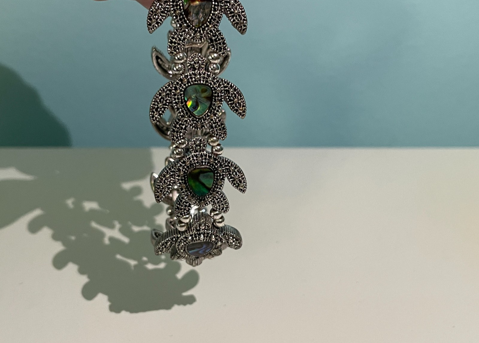 Turtle Abalone Shell Stretch Bracelet Silver Tone… - image 3