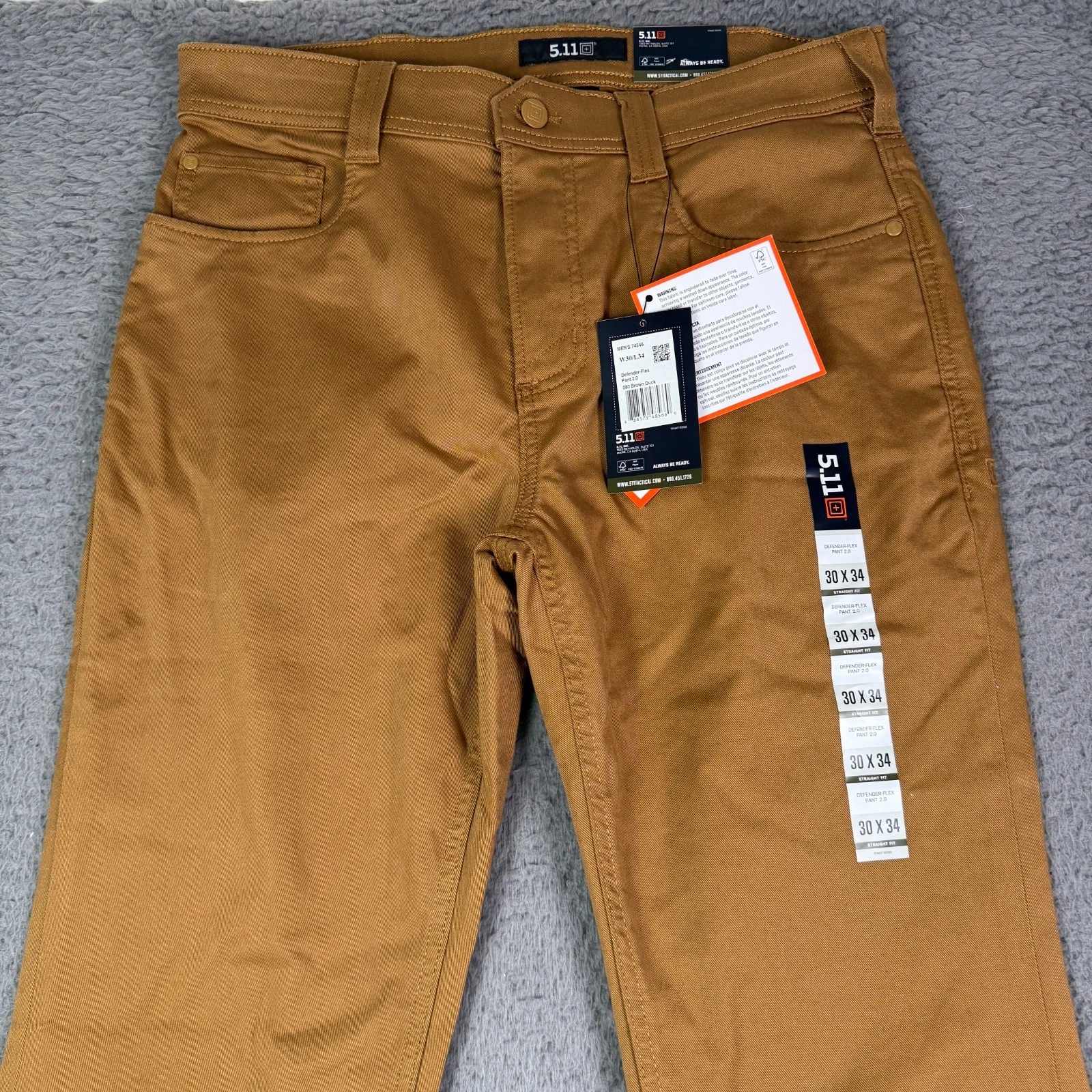 5.11 Tactical Defender Flex 5-Pocket Pants Mens 30x34 Brown Duck Khaki Work NEW