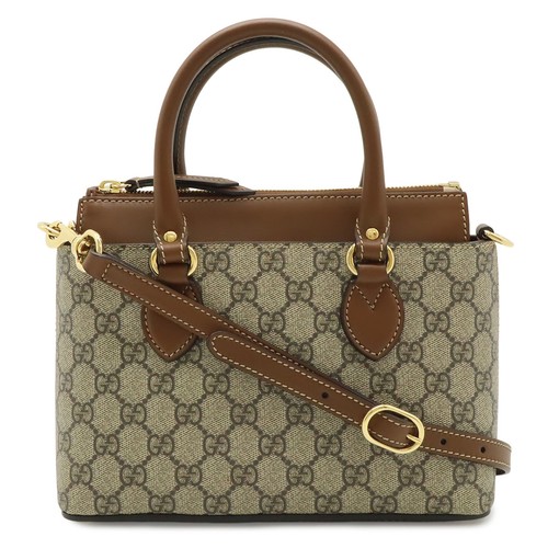 GUCCI GG Supreme Hand Bag Mini 2 Way Shoulder PVC Leather Brown Gold Hardware 92
