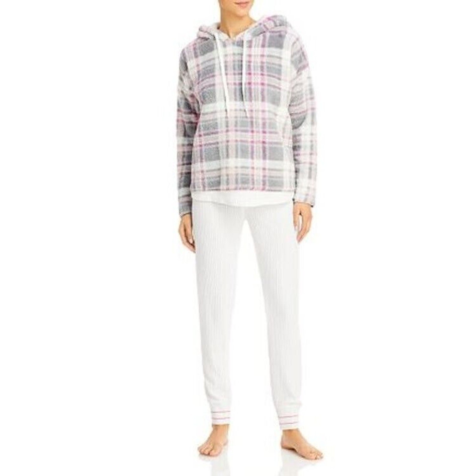 Aqua Womens Grey Pink Plaid Cozy Hoodie & Thermal Jogger Lounge Set Size L