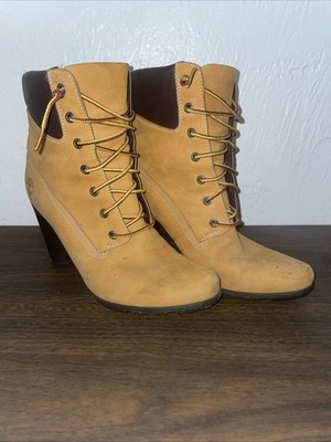 Timberland Woman s Boots Tan Size 6.5 Medium Good Condition high heel Tims shoes