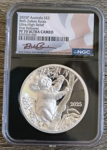 2025 P AUSTRALIA BETH ZAIKEN KOALA NGC PF70 UHR FR ULTRA CAMEO 2 OZ SILVER PROOF