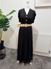 Boho Summer Black Flowy Maxi Dress Size 16 Holiday Belted Button Detail Dress