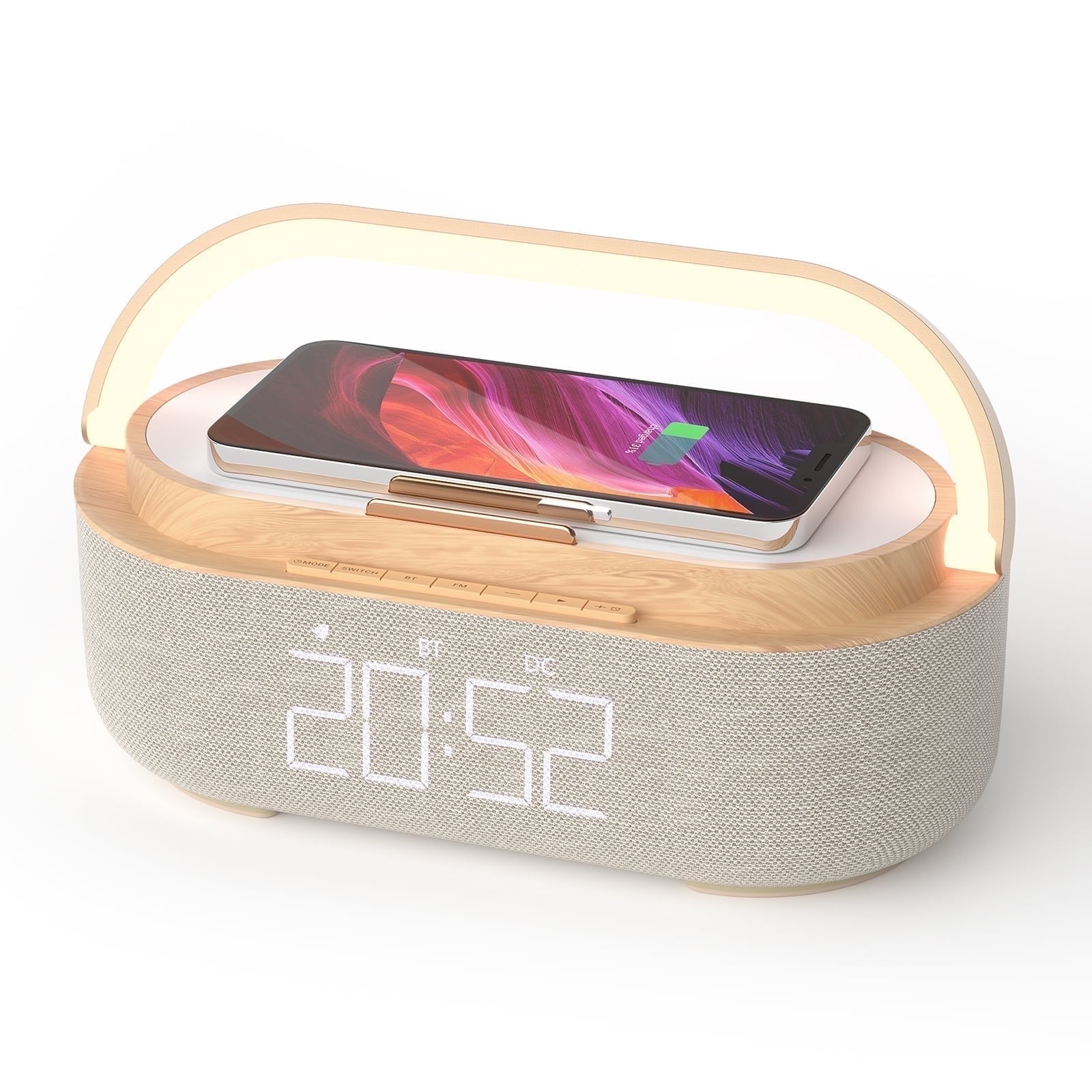 6in1 Wireless Charger Bluetooth Speaker with Alarm Clock, FM Radio & Night Light